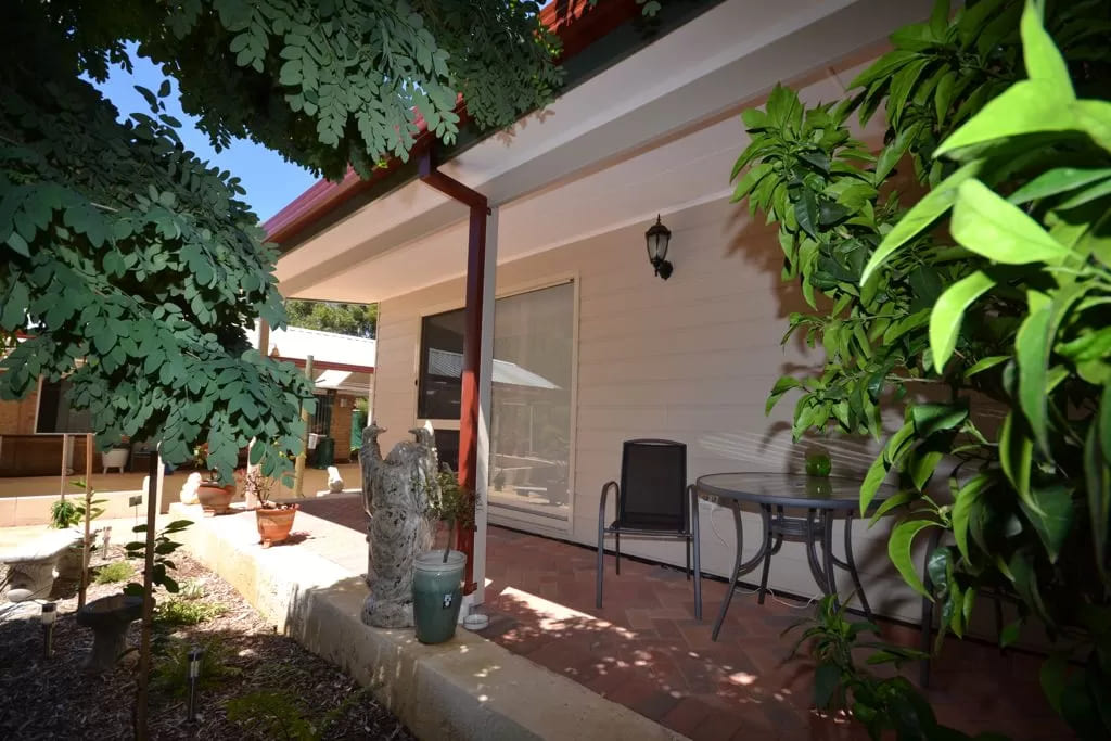 Backyard of granny flat with black outdoor furniture, decorative statue, tree leaves and potted plants.